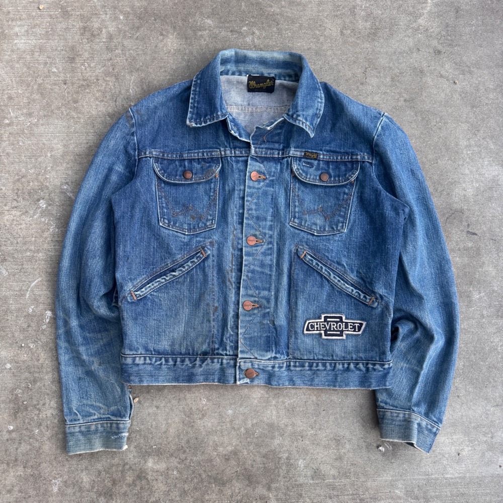 Vintage 50s 60s Wrangler Denim Jacket Chevrolet Patch Distressed Mens 42 USA